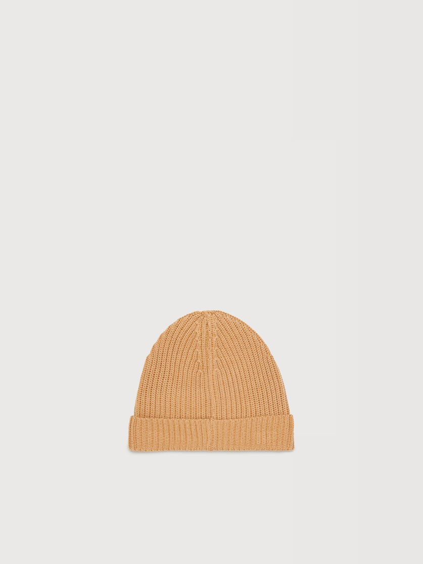 Light brown wool blend beanie with embroidered Marni logo, Image 2