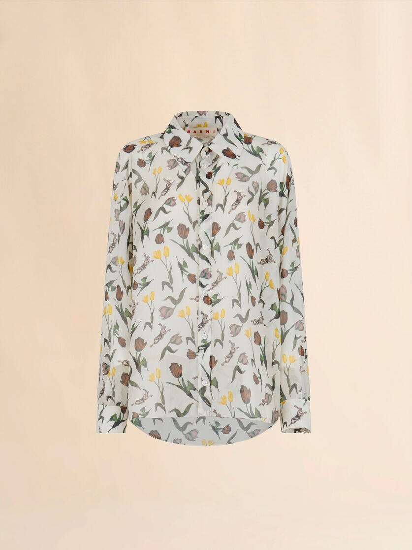 Cream chiffon shirt with Tulips and Hares print - Shirts - Image 1