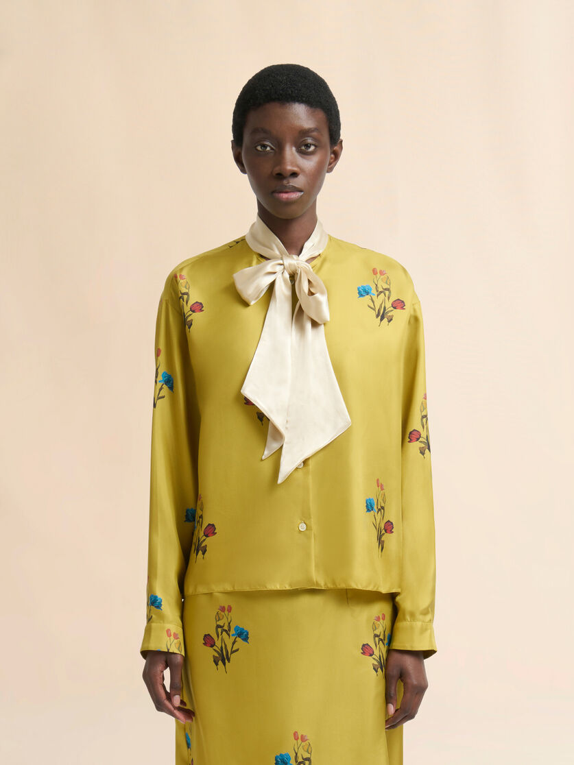 Yellow silk twill shirt with tulip print - Shirts - Image 2