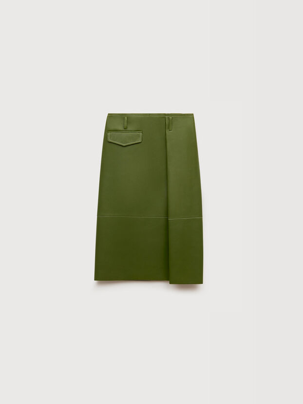 Gonna midi in nappa verde con tasca asimmetrica - Gonne