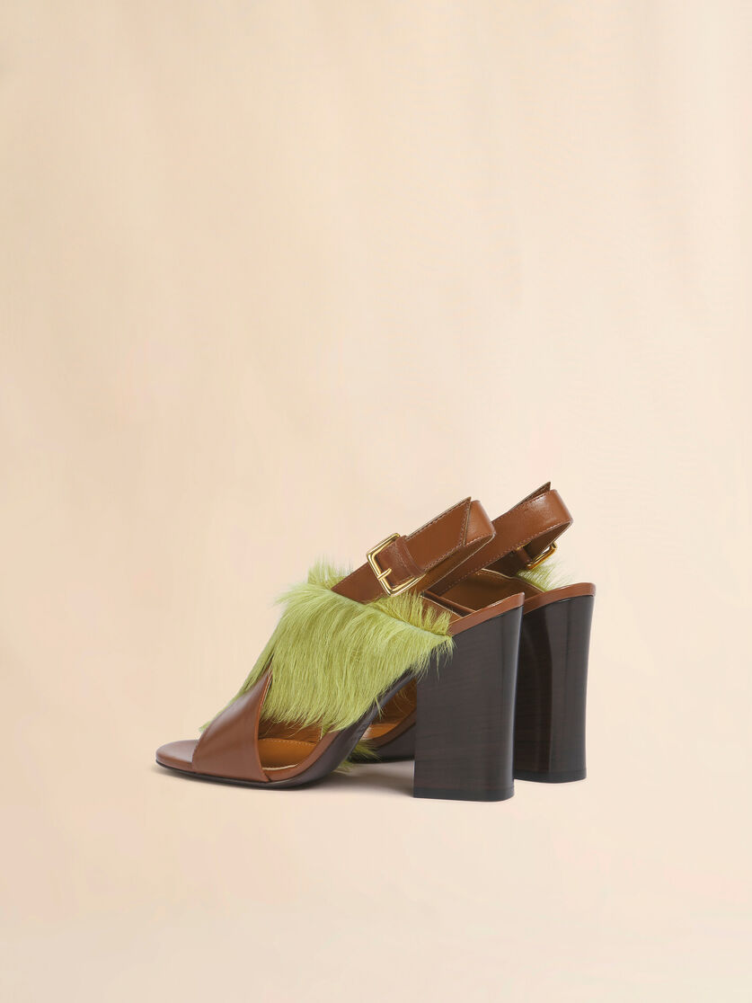 Brown and green leather and long-hair criss-cross sandal, Image 3