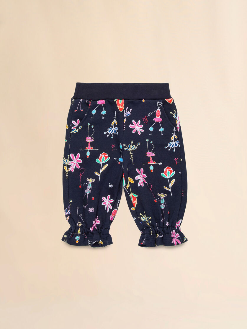 Deep blue cotton joggers with Fiorellini/Stecchini print - Pants - Image 1