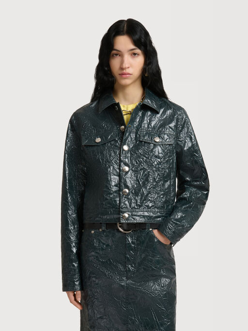 Deep green crinkled taffeta jacket - Jackets