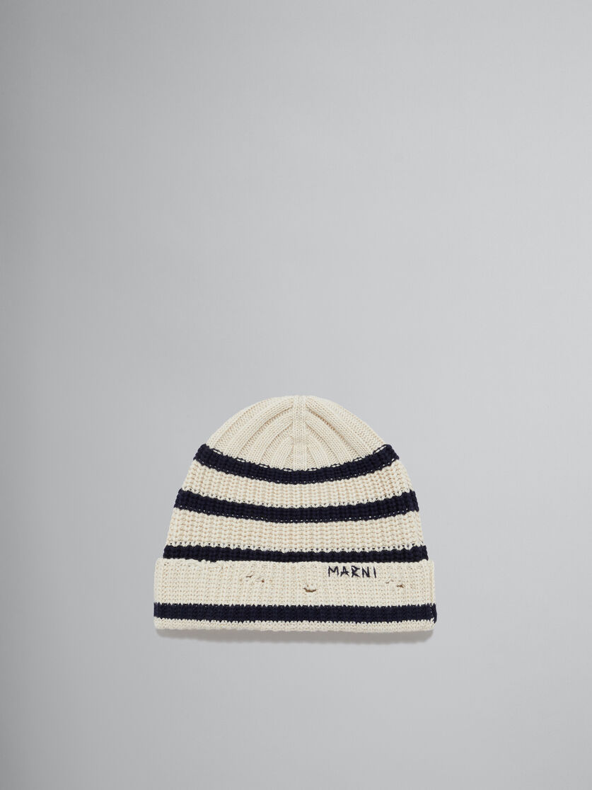 Navy ribbed wool beanie with sailor stripes - Hats - Image 1