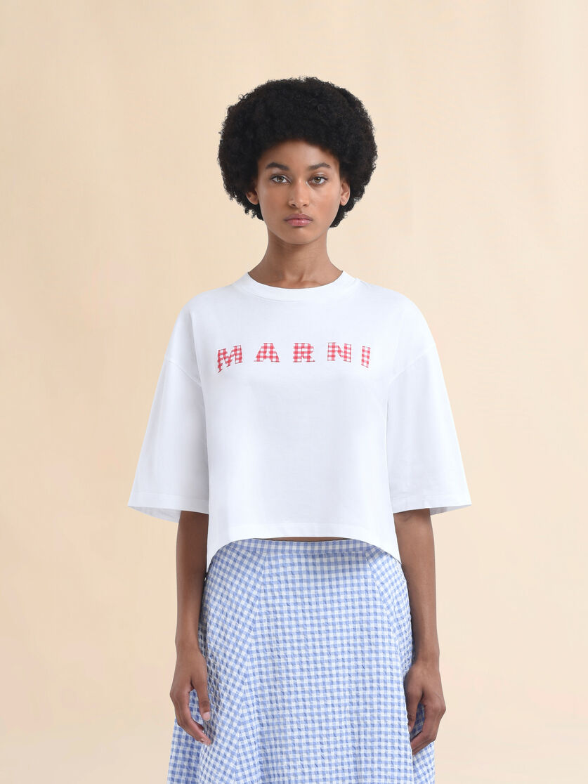 White jersey cotton T-shirt with checked Marni logo - T-shirts - Image 2