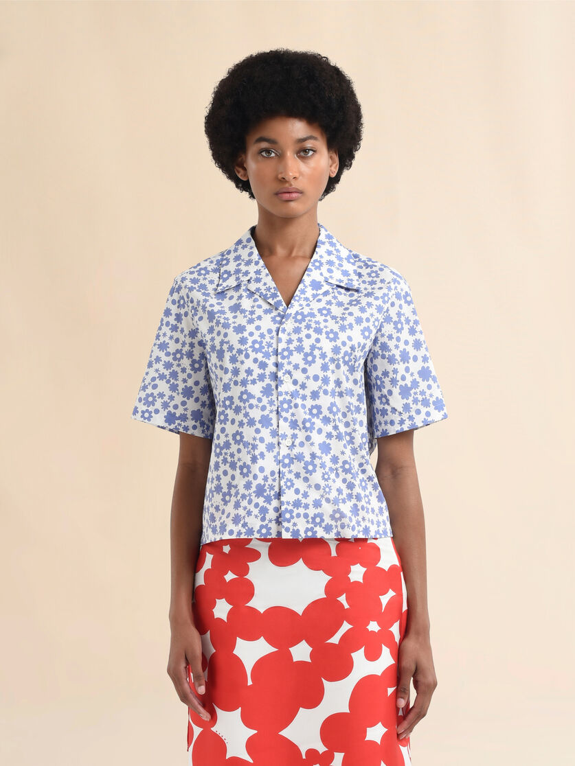 Poplin bowling shirt with blue and white Pop Fields motif - Shirts - Image 2