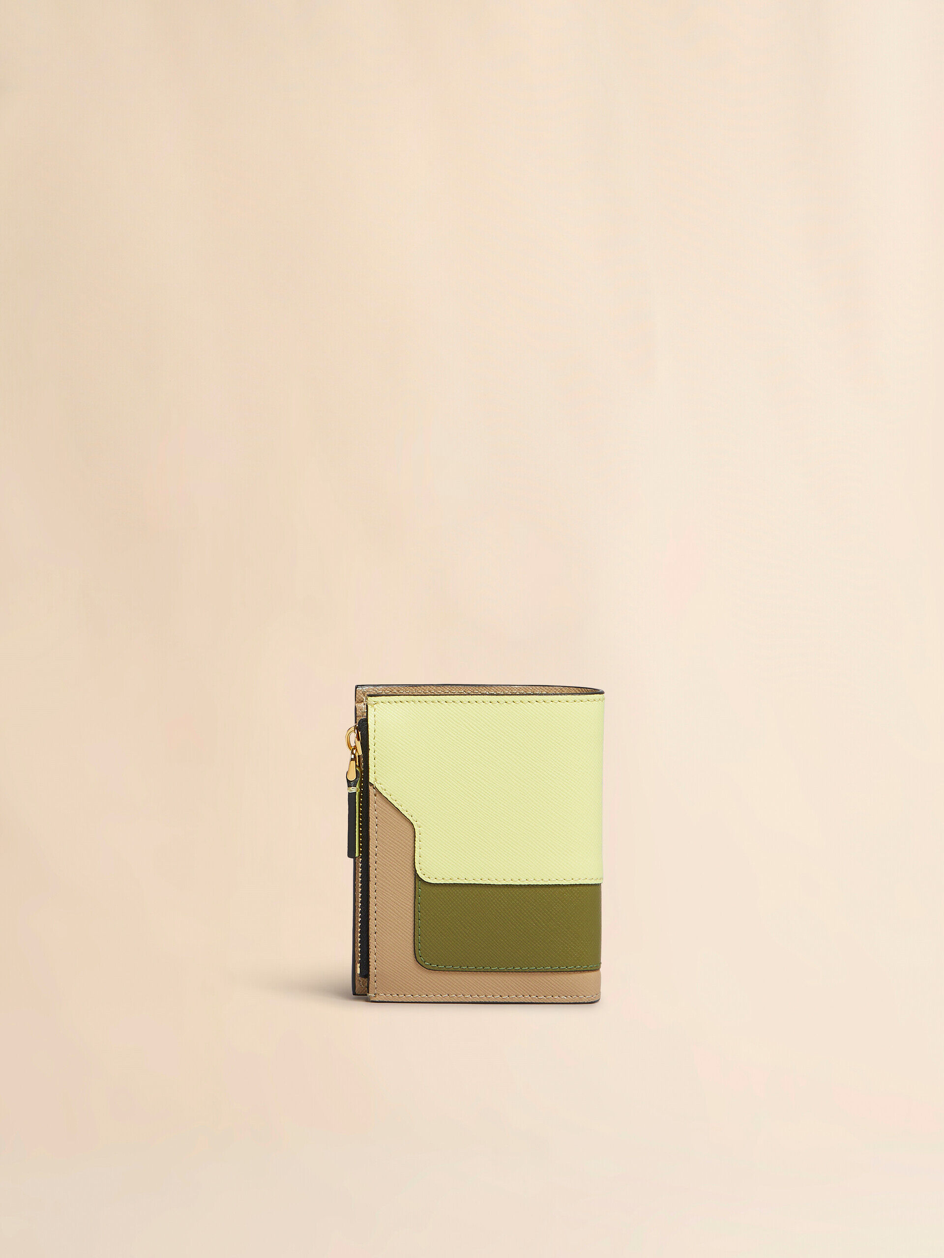 MARNI 二つ折り財布 ベージュ/イエロー ベージュ レザー製二つ折りウォレット、マルニメンディング刺繍