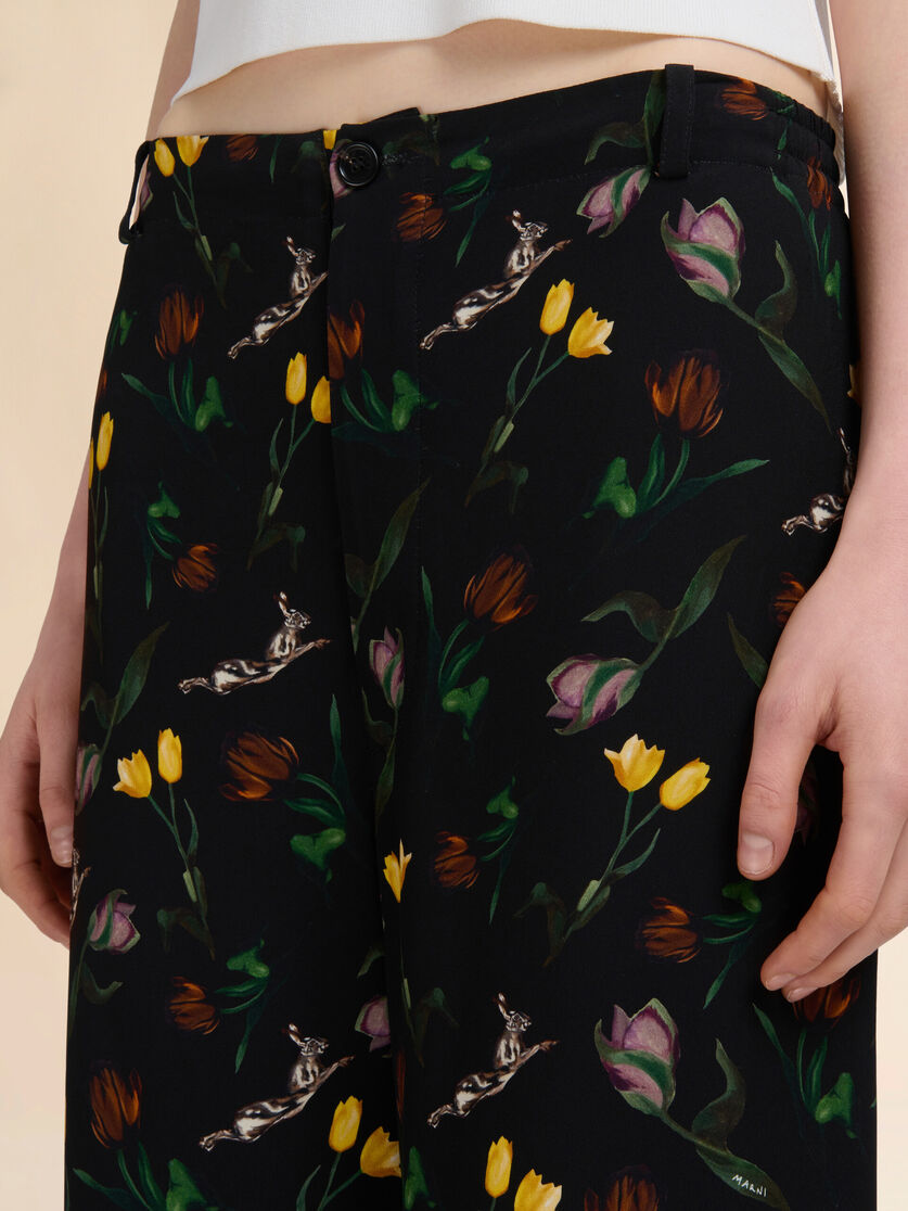 Cream envers satin palazzo trousers with Tulips and Hares print - Pants - Image 4