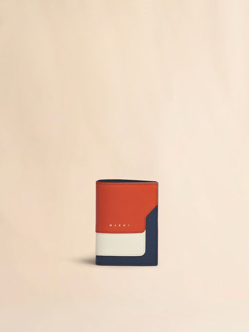 Orange cream and deep blue saffiano leather bi-fold wallet - Wallets