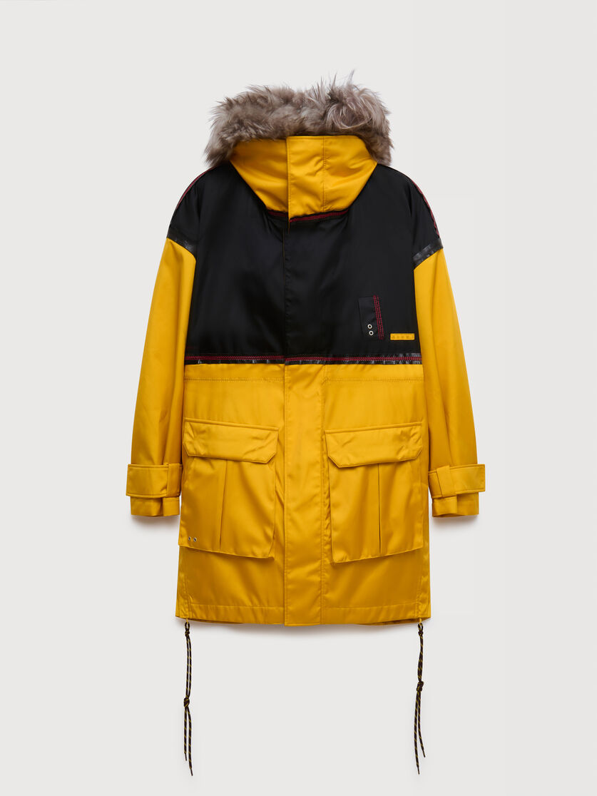Yellow nylon coat with fur collar, Image 1