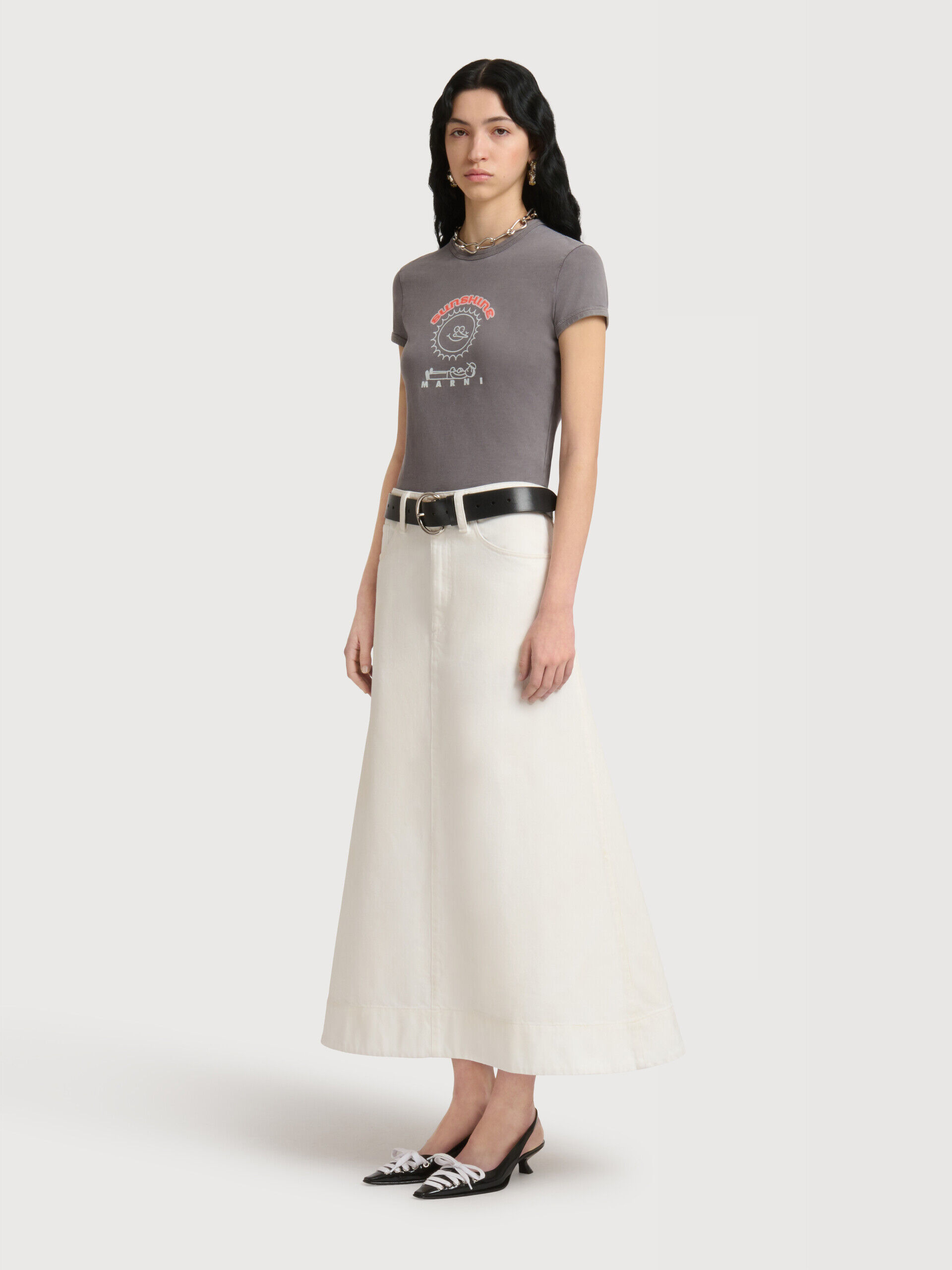 ホワイト デニム フレア ミディスカート | Marni