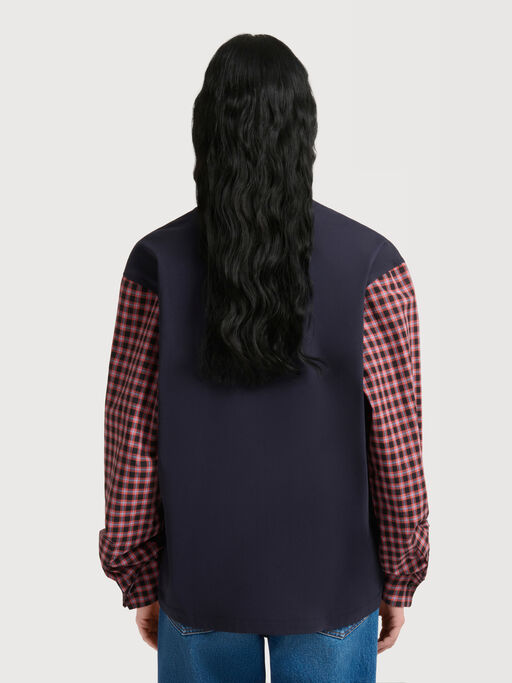Deep blue cotton T-shirt with checked shirt sleeves - T-shirts