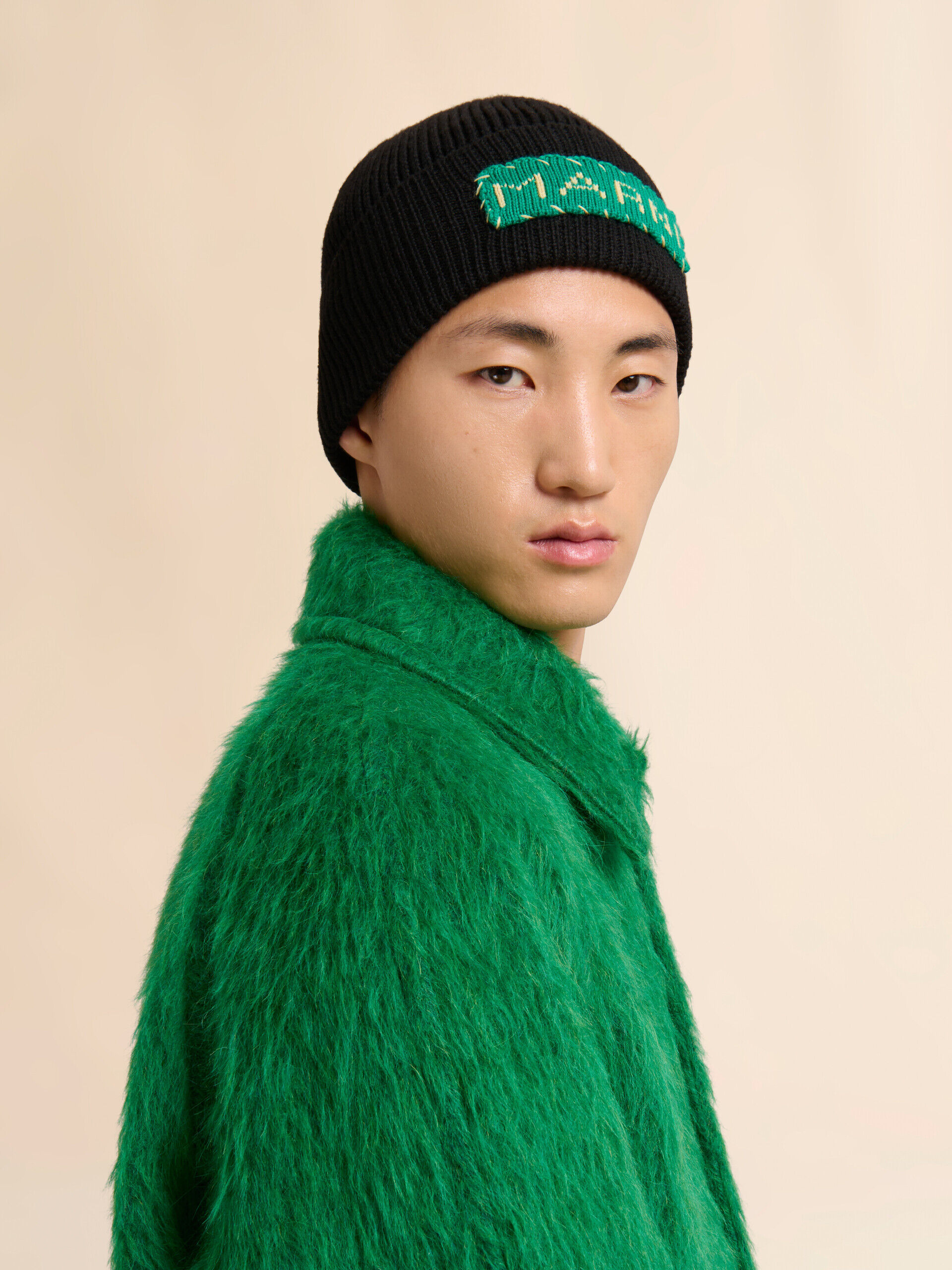 Black wool fisherman's rib beanie with Marni patch | Marni