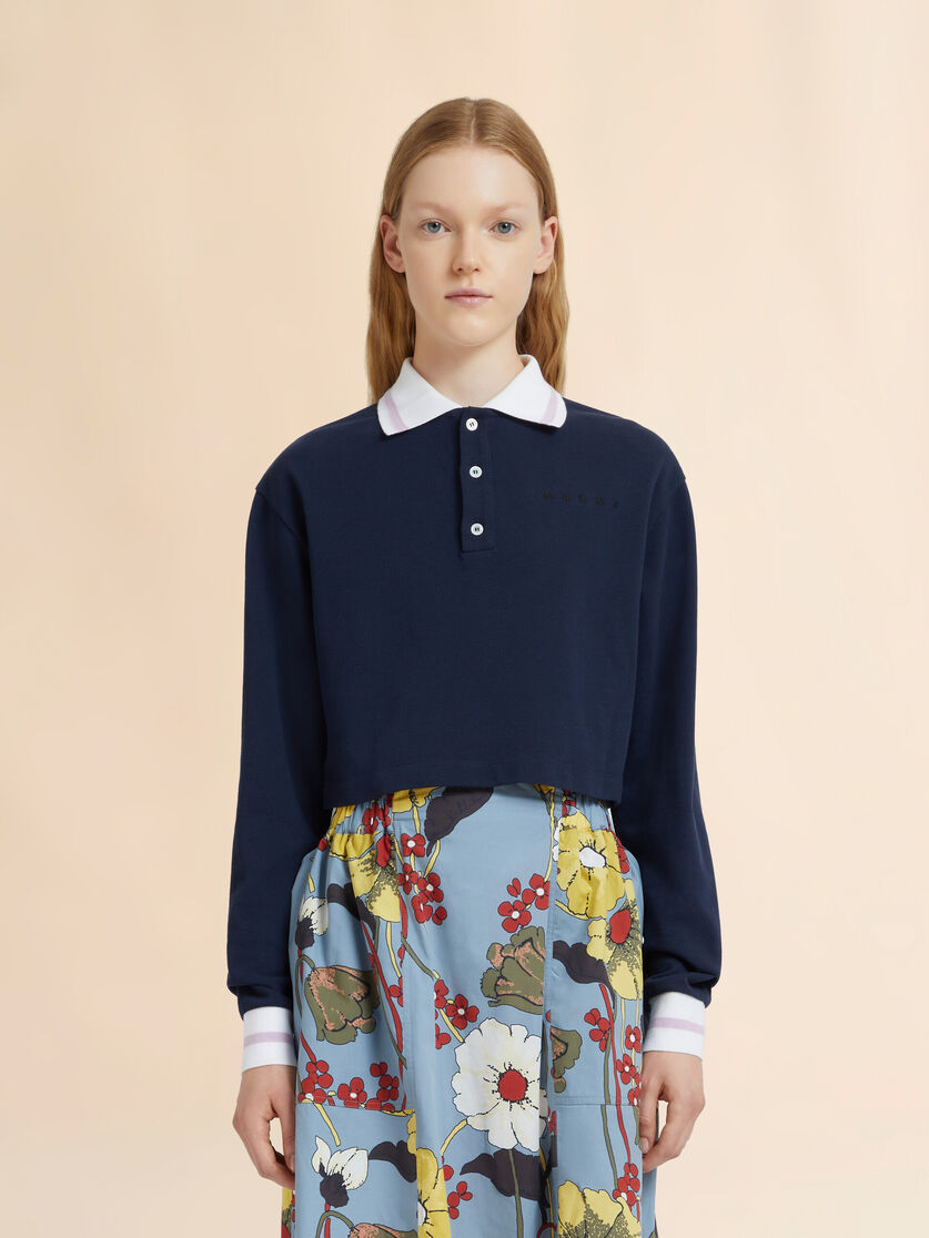 Deep blue piqué long-sleeved polo shirt, Image 2