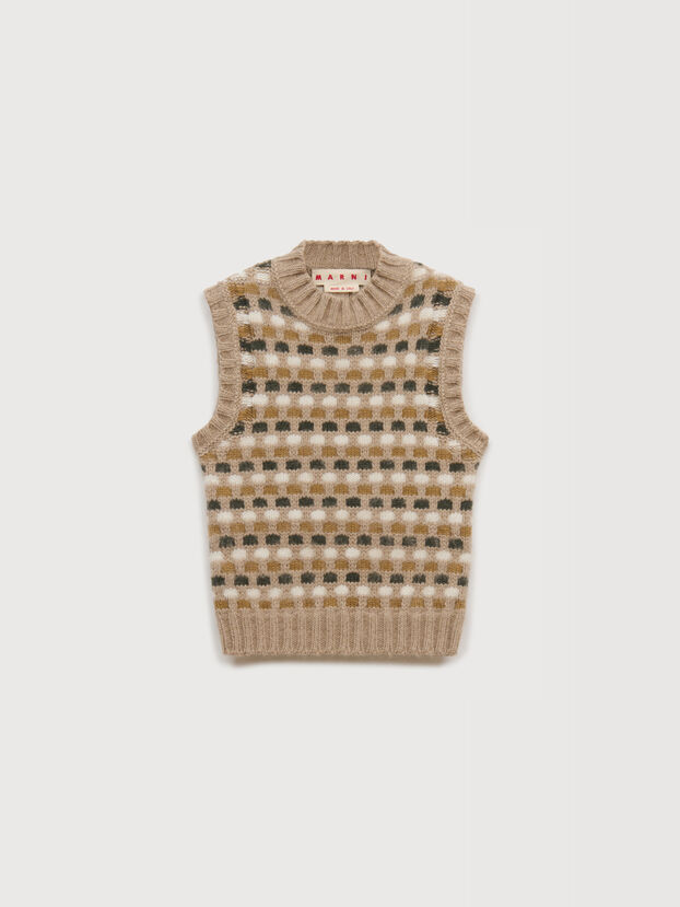 White and green jacquard Shetland wool vest - Pullovers