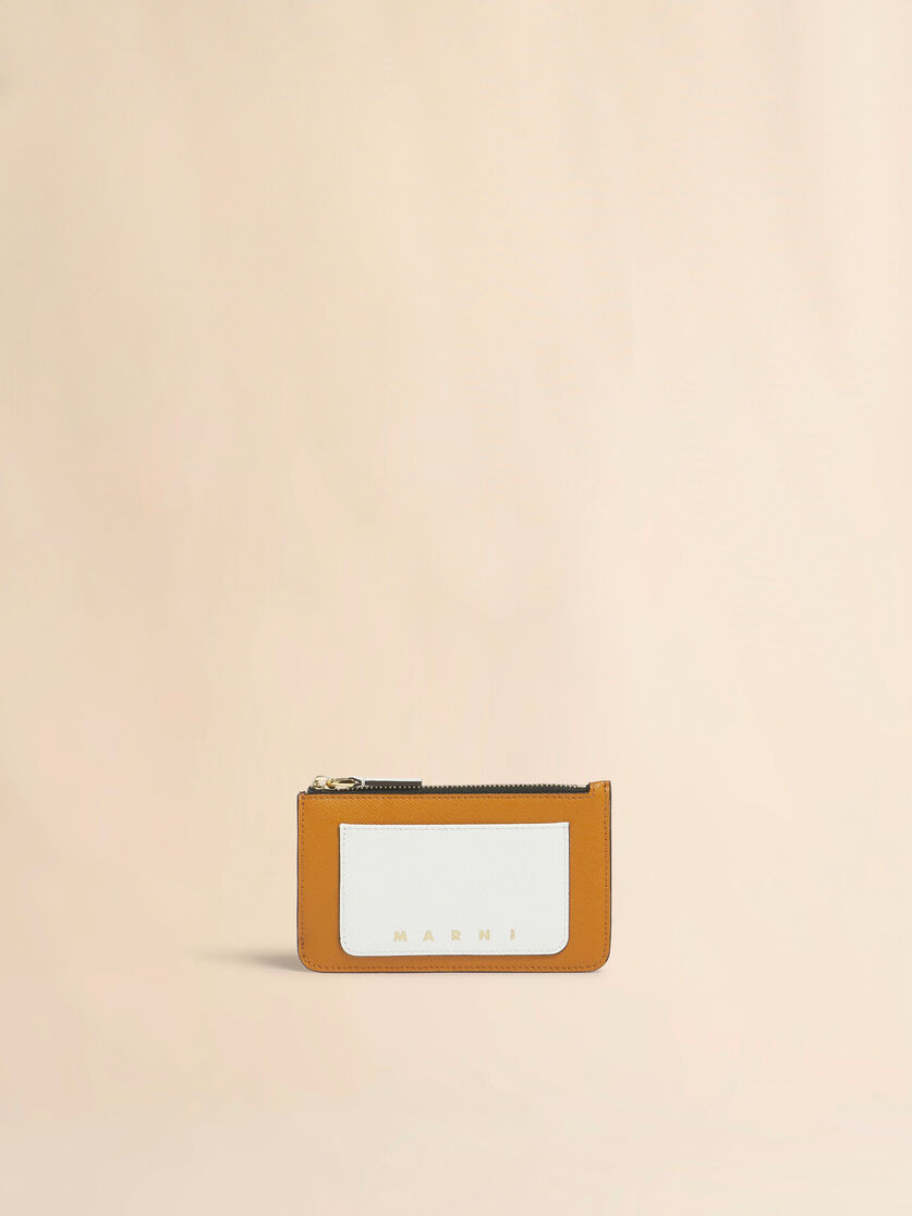 Porte-cartes zipp&eacute; en cuir marron, blanc et moutarde, Image 1