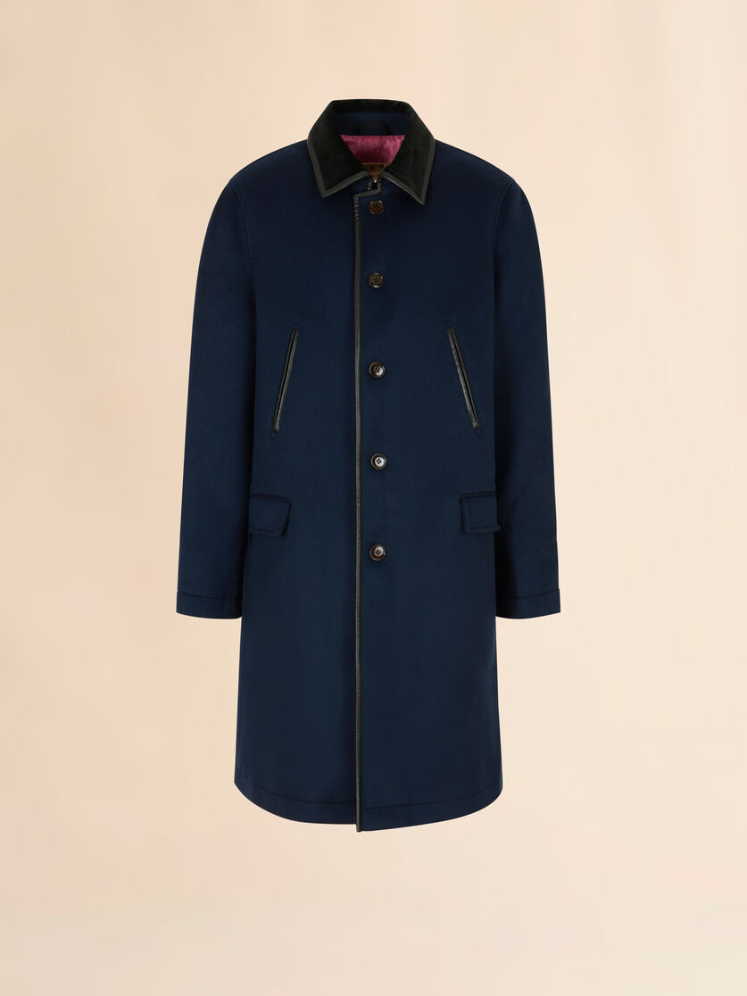 Deep blue felt duster coat with contrast collar, Image 1