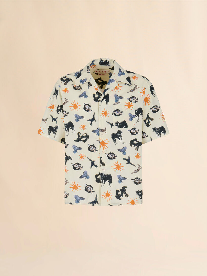 Blue poplin bowling shirt with Wolves, Ravens and Doves print - Shirts - Image 1