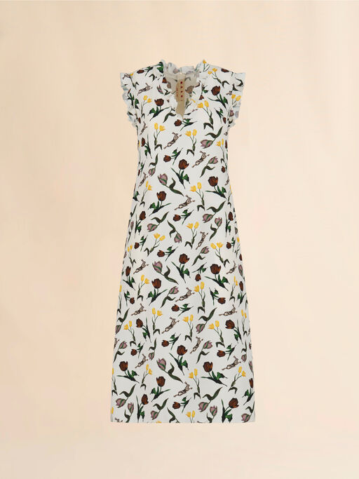 Cream envers satin dress with Tulips and Hares print - Dresses