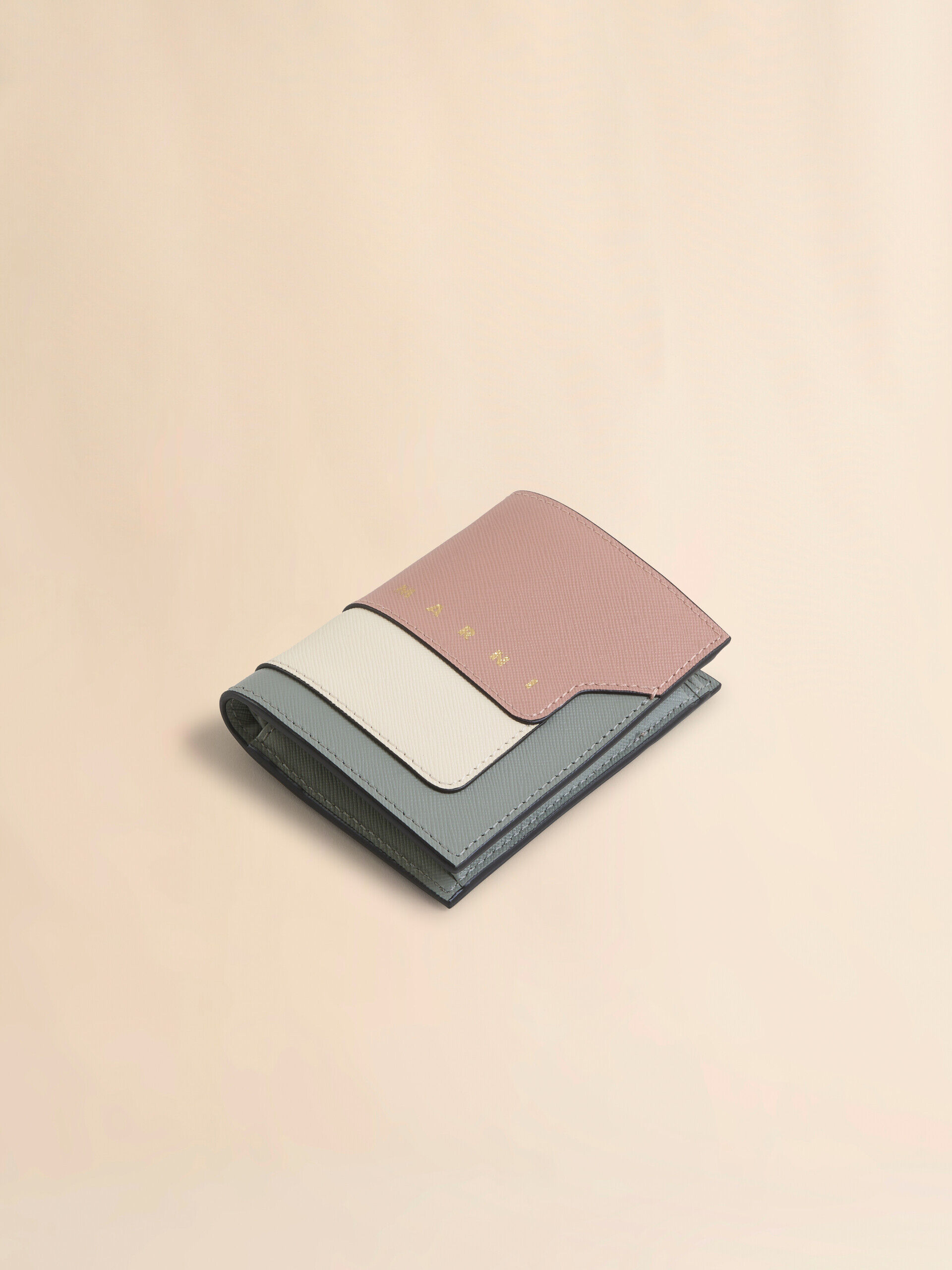 Light pink, white and grey saffiano leather bi-fold wallet