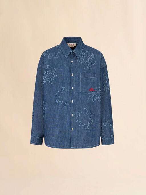 Blue chambray oversized shirt with frayed sun motif - Shirts