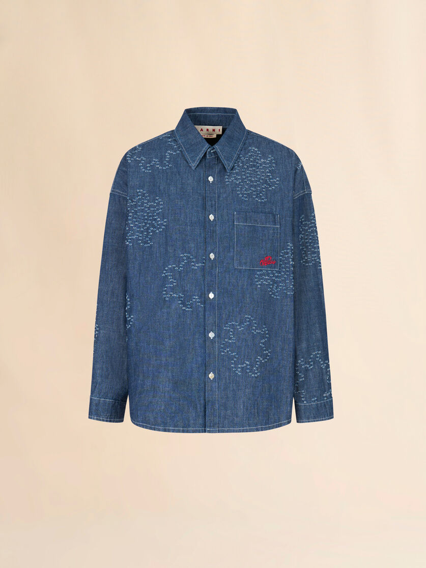 Blue chambray oversized shirt with frayed sun motif, Image 1