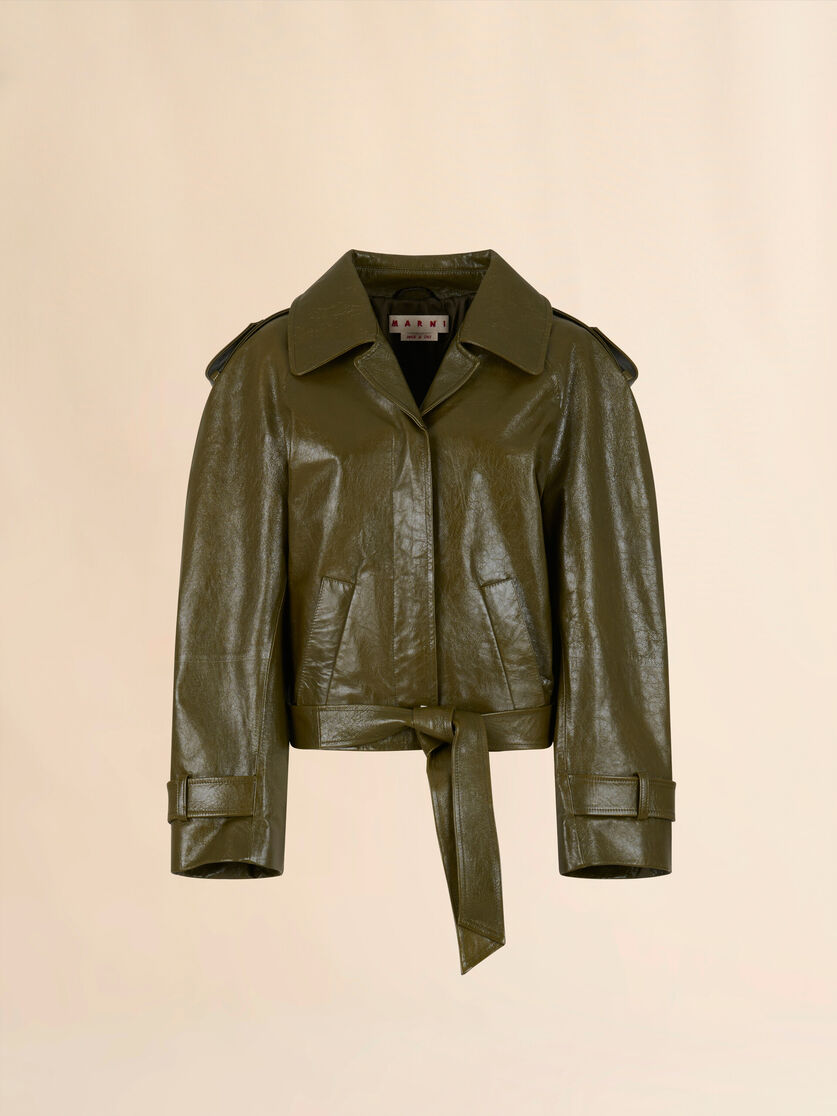 Deep green leather short trench coat - Jackets - Image 1