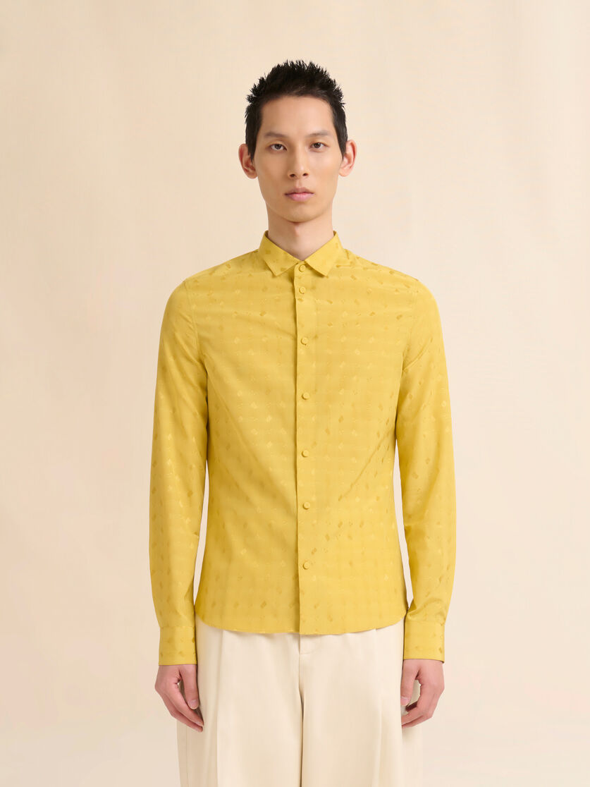 Yellow viscose slim shirt with geometric jacquard motif - Shirts - Image 2