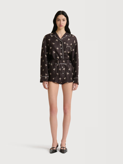 Brown silk twill bloomers with floral print - Pants