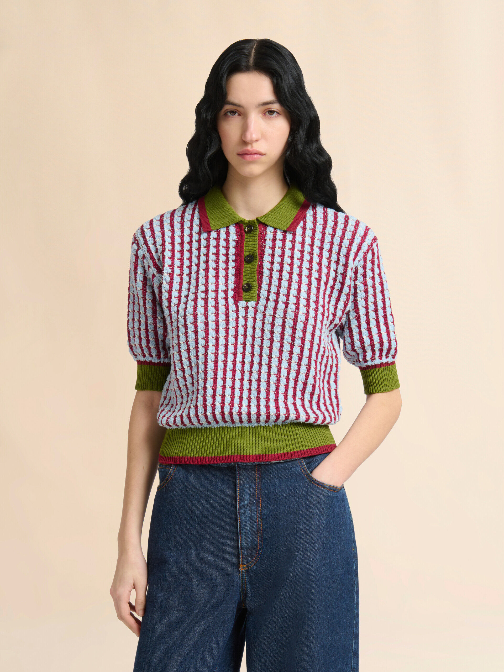 MARNI ドッキング 切替 ボーダー モヘヤ ニット セーター 48 Blue and burgundy bouclé tweed-effect polo shirt | Marni