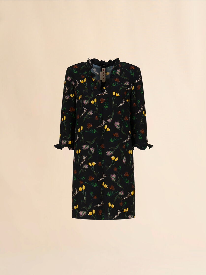 Black envers satin mini dress with Tulips and Hares print - Dresses - Image 1