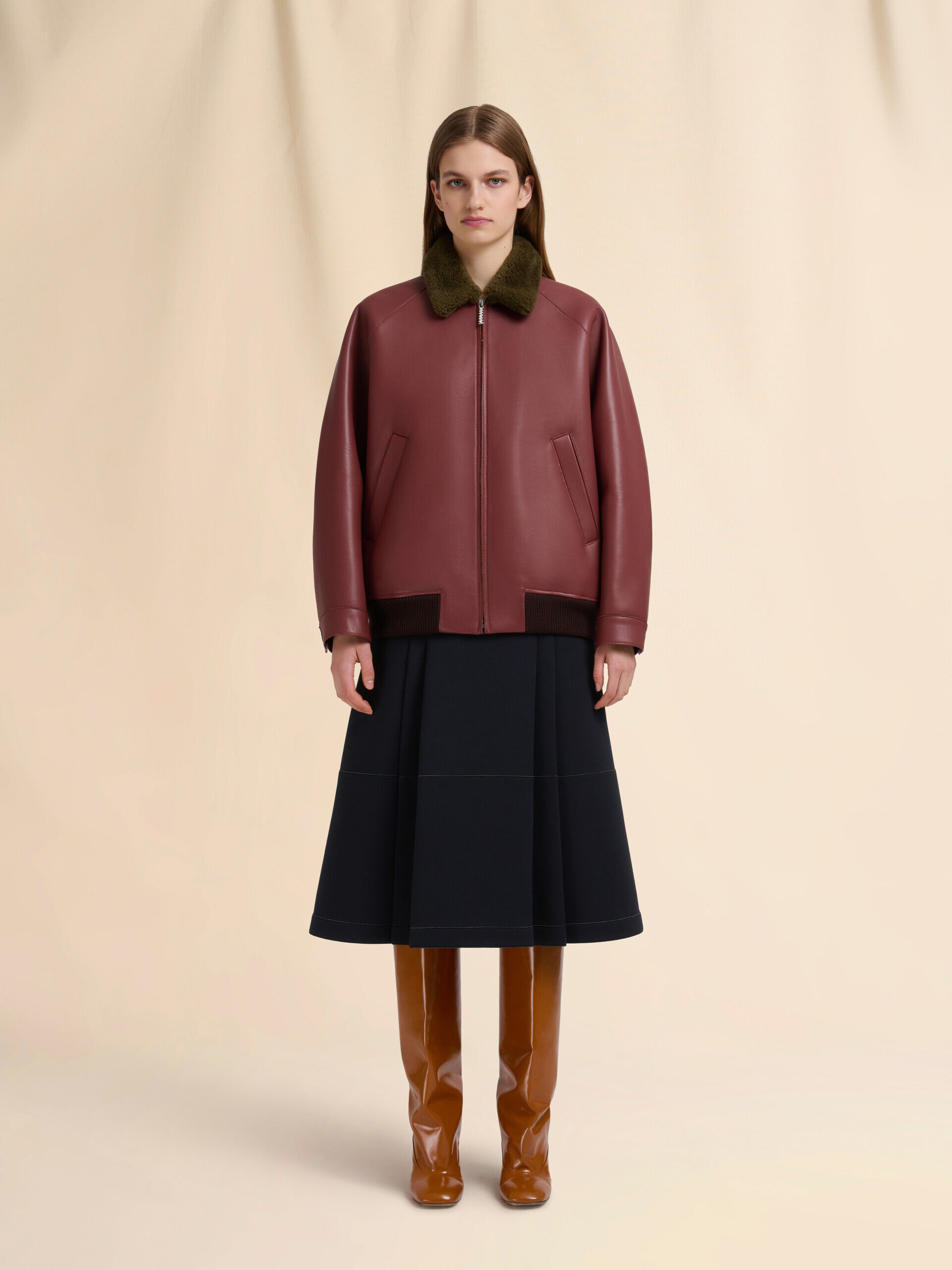 MARNI ジャケット Burgundy leather jacket with shearling collar | Marni
