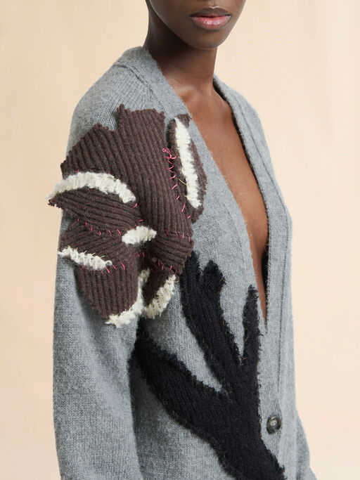 Grey Alpaca wool cardigan with flower patch - Pullovers