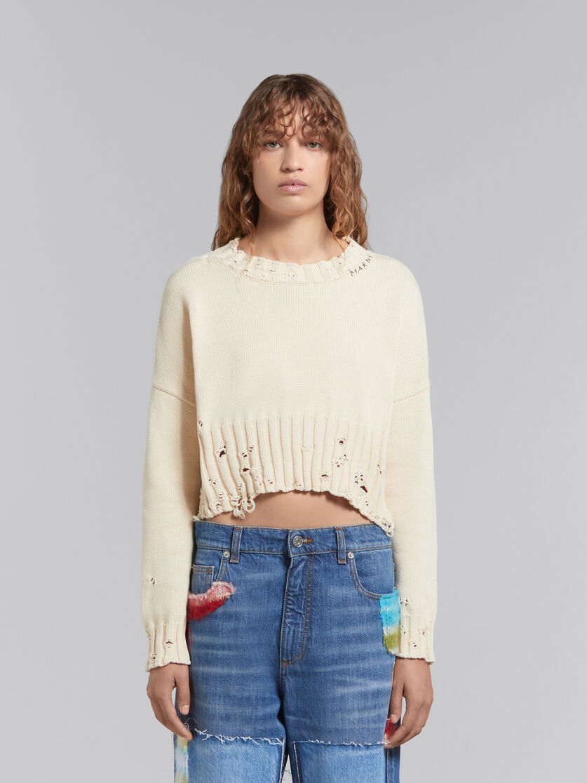 White cotton cropped sweater - Pullovers - Image 2