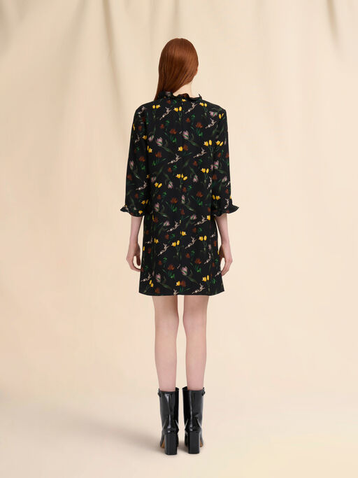 Black envers satin mini dress with Tulips and Hares print - Dresses