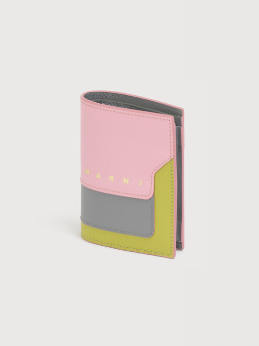 ピンク、グレー＆グリーン レザー 二つ折りウォレット - 財布