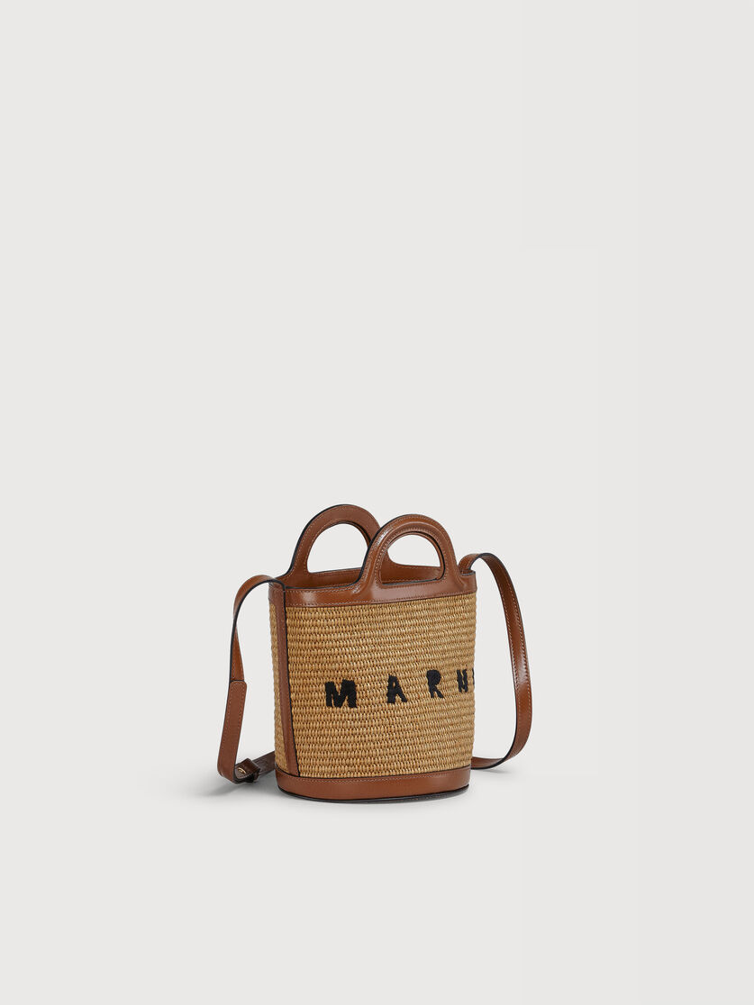 Tropicalia Small Bucket Bag in brown leather and raffia-effect fabric, Image 5