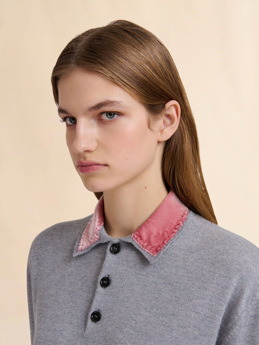 Grey wool polo shirt with velvet collar - Shirts - Image 4