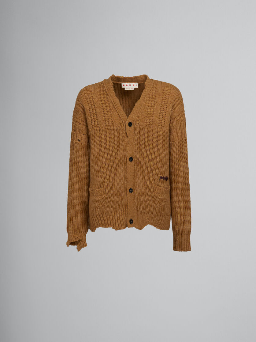 Brown virgin wool cardigan with nibbled hem - Pullovers - Image 1