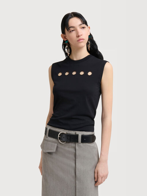 Black cotton sleeveless T-shirt with cut-out polka dots - T-shirts