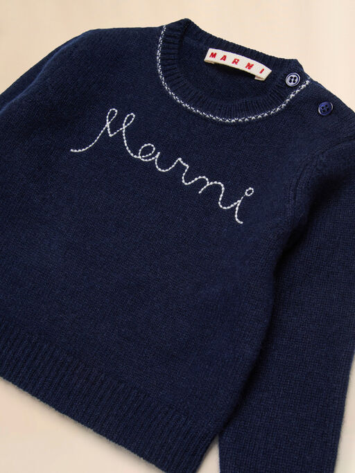 Deep blue wool-cashmere sweater with cursive logo - Knitwear