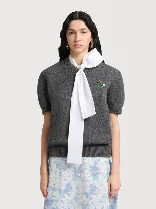 Grey wool-cashmere jumper with embroidered flowers - Pullovers