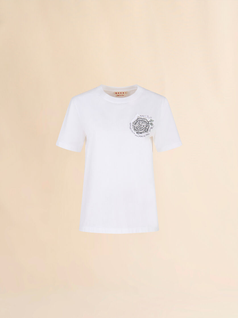 White cotton T-shirt with rhinestone rose - T-shirts - Image 1