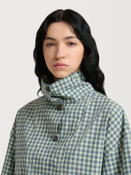 Green checked poplin blouse with high neck - Shirts