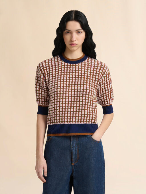 Pink and brown boucl&eacute; tweed-effect jumper - Pullovers