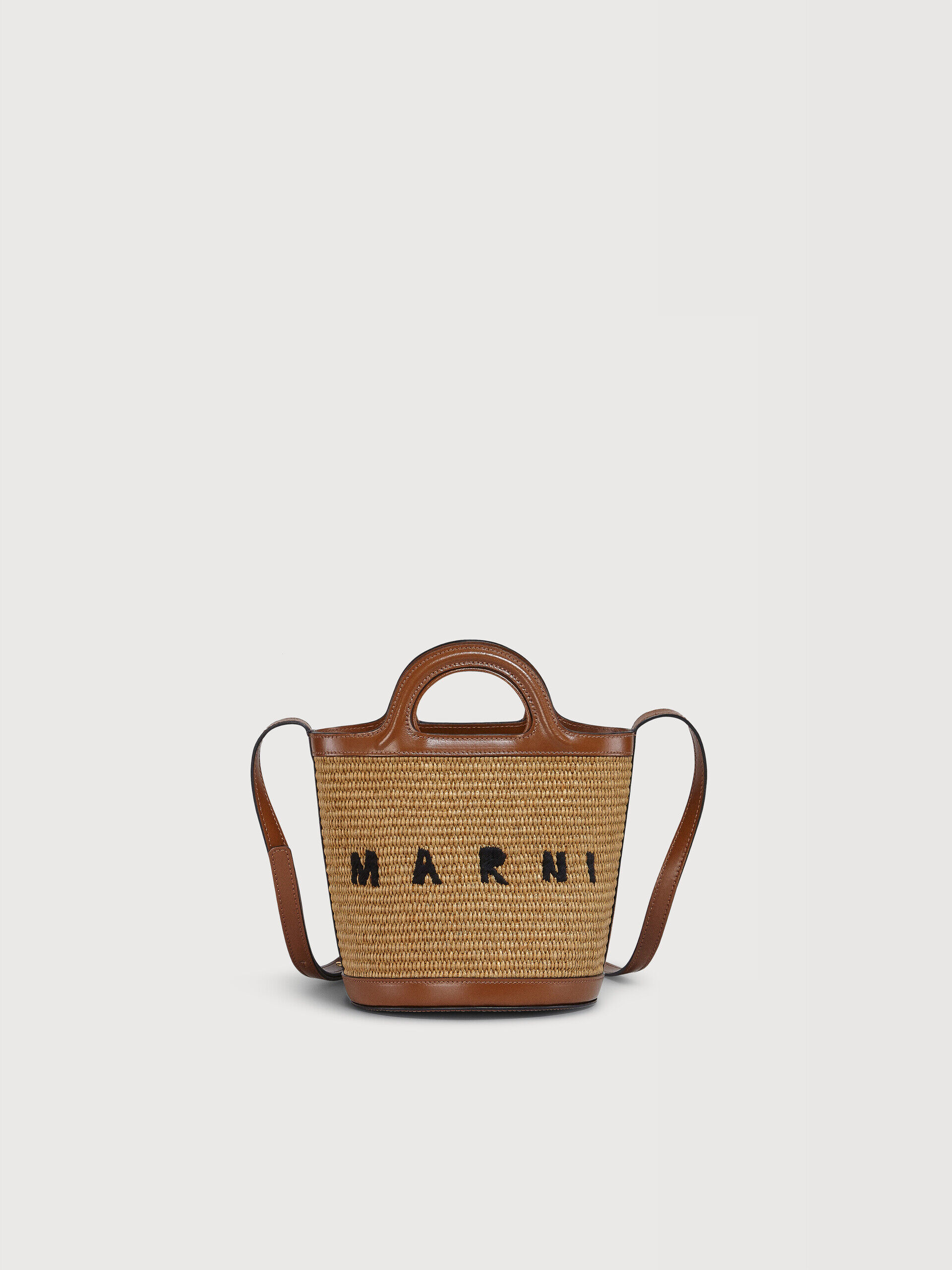 Tropicalia Small Bucket Bag in brown leather and raffia-effect