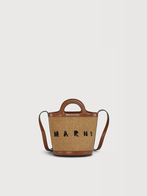 Tropicalia Small Bucket Bag in brown leather and raffia-effect fabric - Shoulder Bag