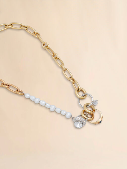 Mixed link chain necklace with pearls and rings - Necklaces