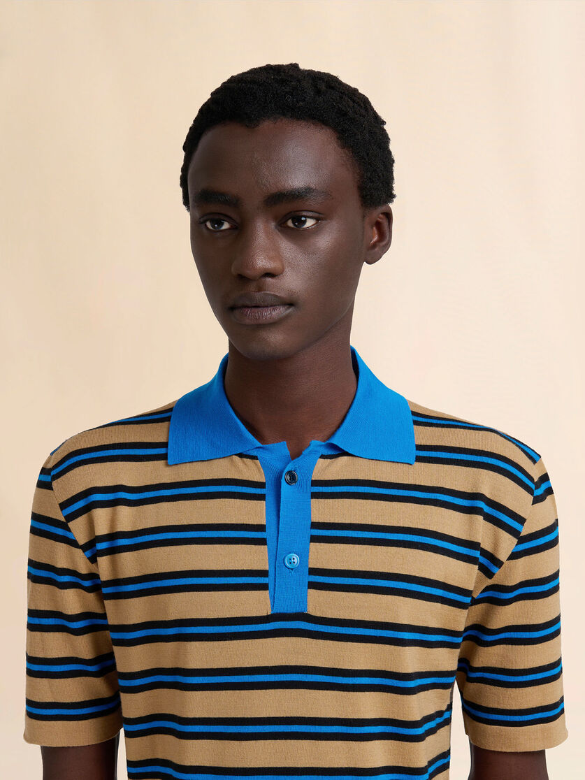 Brown and blue striped wool polo shirt - Shirts - Image 4