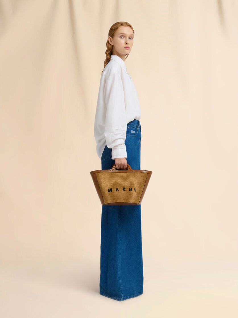 Tropicalia Small Bag in brown leather and raffia-effect fabric - Handbag - Image 1